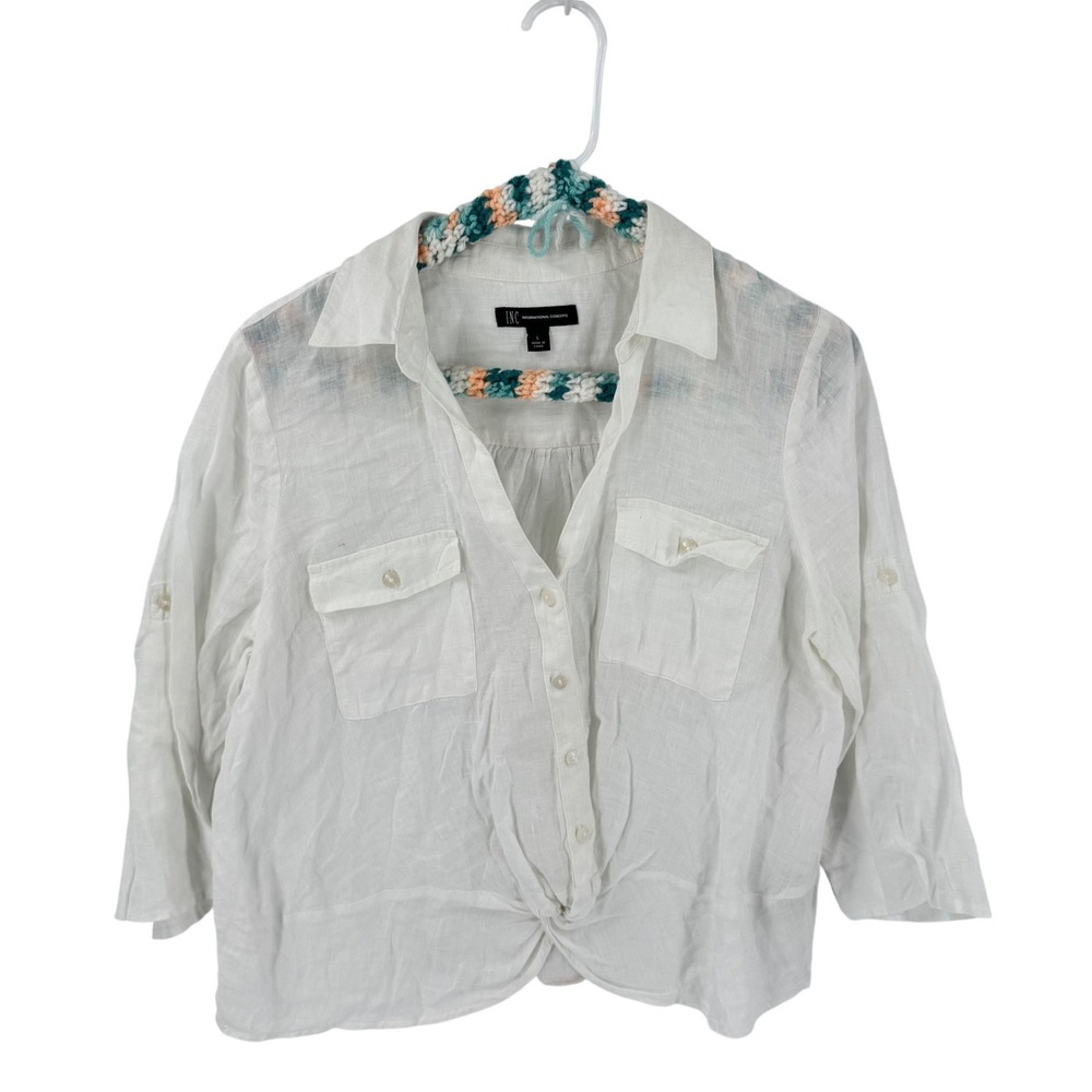 INC Linen Button Down Shirt White Small Coastal Grandma Minimalist Chic